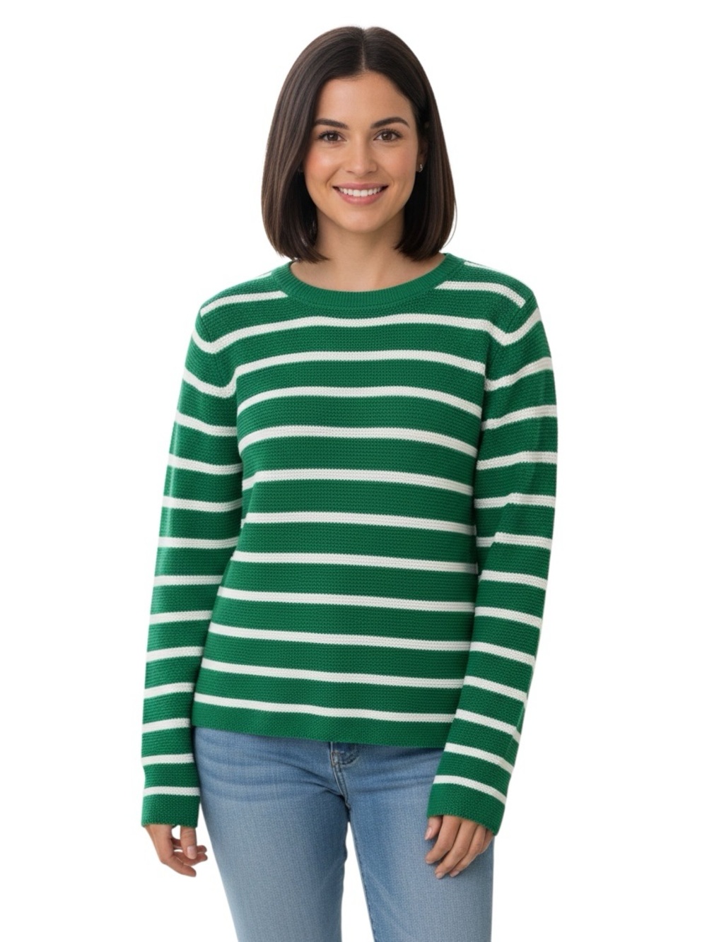 Mango Green and White Striped Crewneck Sweater Size L
